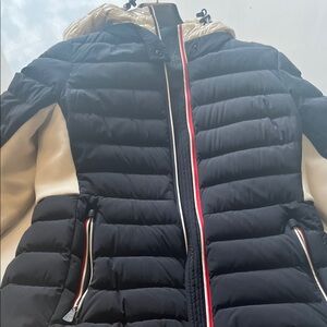 Moncler Black Puffer Jacket with Cream Panels and Red Trim